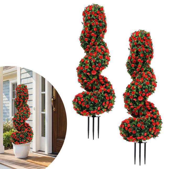 Dreamade 3FT Realistic Fake Rose Bushes Outdoor Faux Plants with Sun Protection & Ground Spikes Set of 2