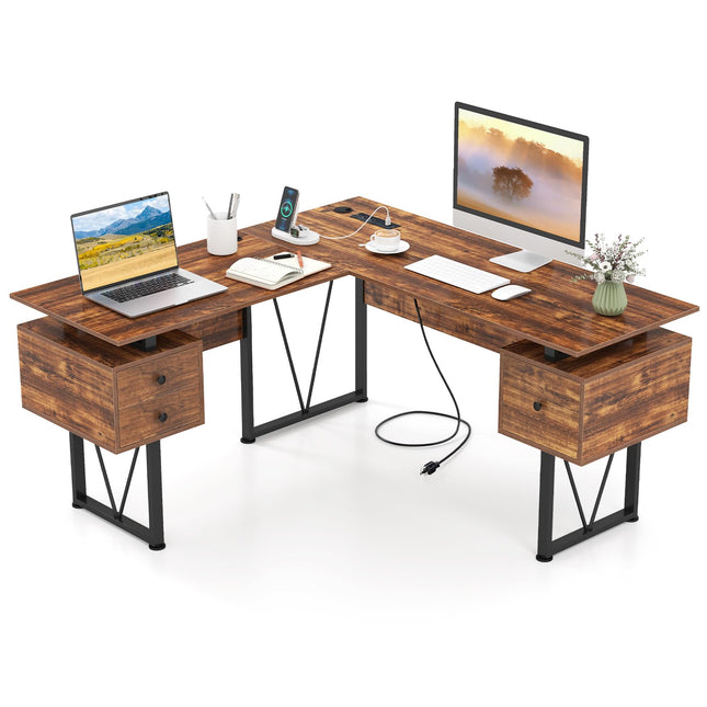 Dreamade L Shaped Desk with Drawers, 59” Large Computer Desk with Power Outlet