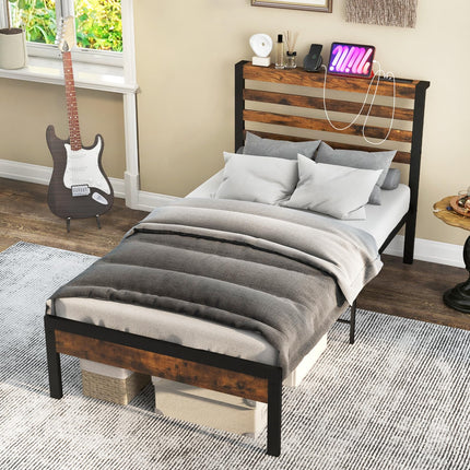 Dreamade Queen Metal Platform Bed Frame with Wooden Headboard & Footboard, Rustic Brown