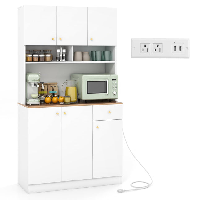 Dreamade Kitchen Pantry Cabinet, 71” Tall Buffet Cabinet with Hutch, Built-in Power Outlet