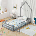 Dreamade Twin Floor Bed, House-Shaped Montessori Bed Frame with Headboard, Full-Length Guardrail