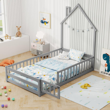 Dreamade Twin Floor Bed, House-Shaped Montessori Bed Frame with Headboard, Full-Length Guardrail