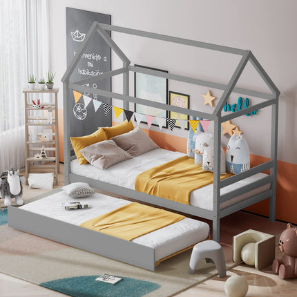 Dreamade House Bed with Trundle, Solid Wood Twin Size Daybed for Girls & Boys