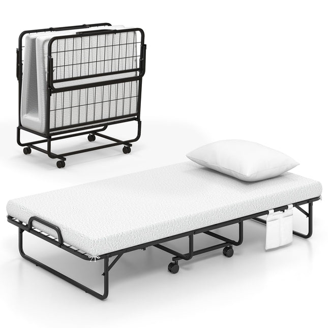 Dreamade Folding Bed with Mattress and Pillow, Twin Size Portable Guest Bed w/Metal Frame