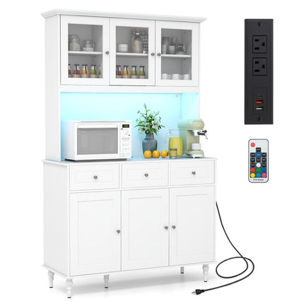 Dreamade Pantry Cabinet, 77” Tall Buffet Cabinet with Hutch, LED Lights & Charging Station