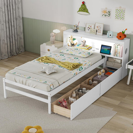 Dreamade Wood Twin Bed Frame with Storage Drawer & Headboard, Modern Platform Bed with Charging Station & LED Light