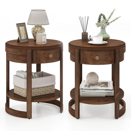 Dreamade Round Side Tables Set of 1/2 | 2-Tier Retro End Tables with Drawer & Shelf