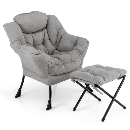 Dreamade Set of 1/2 Lazy Chair with Folding Ottoman, Modern Sherpa Accent Chair w/Armrests & Pocket
