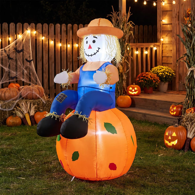 DREAMADE 4 FT Fall Inflatable Decoration Scarecrow Sitting on Pumpkin