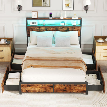 Dreamade Queen/Full Size LED Bed Frame with Charging Station & 4 Storage Drawers