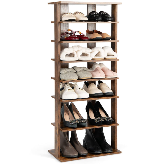 Dreamade 7-Tier Wooden Shoe Rack, Double Row Shoe Organizer for 14 Pairs, Customizable Height