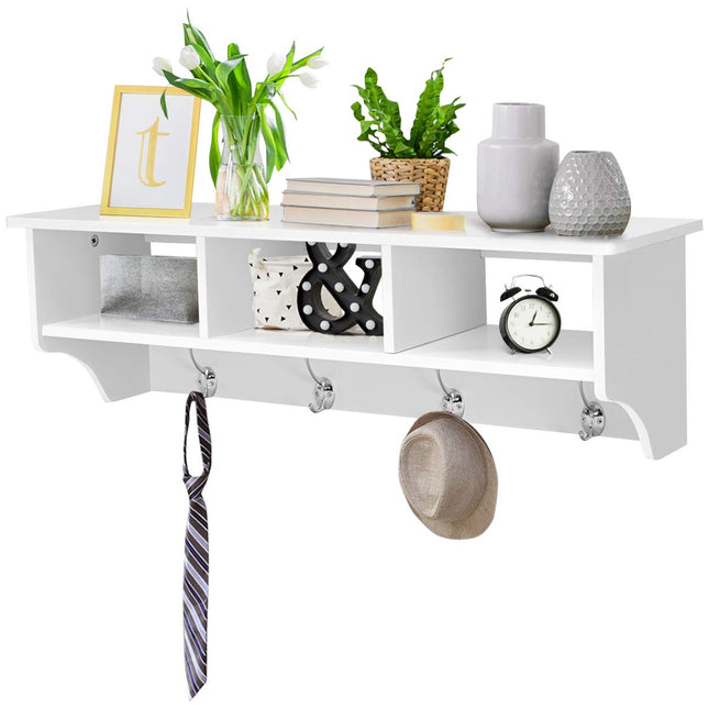 Dreamade Hanging Shelf with Hooks Wall Mount Cubby Organizer with 4 Dual Hooks and Storage for Entryway