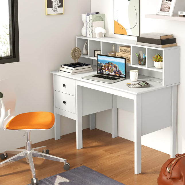 Dreamade White Desk with Drawers and Power Outlet, 48" Home Office Computer Desk with 5-Cubby Hutch