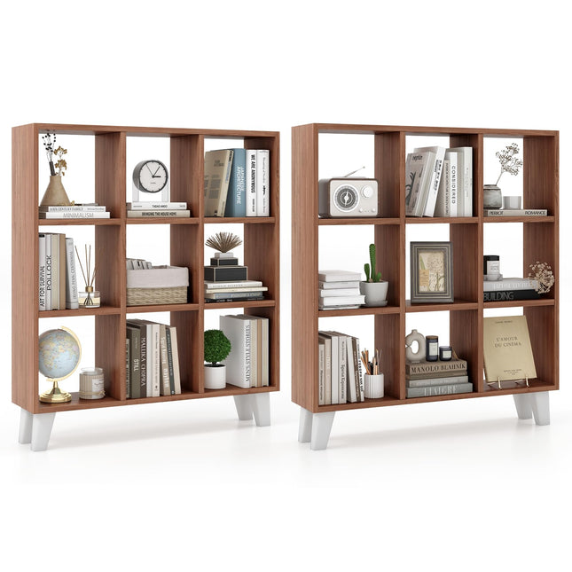 Dreamade 9-Cube Open Bookcase, 3-Tier Freestanding Bookshelf with 4 Slanted Legs & 6 Removable Shelves