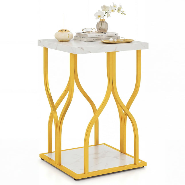 Dreamade 2-Tier End Table with Storage Shelf & Gold Petal-Inspired Geometric Metal Frame