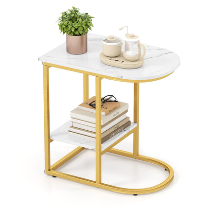 Dreamade C Shaped End Table with Faux Marble Tabletop and Storage Shelf