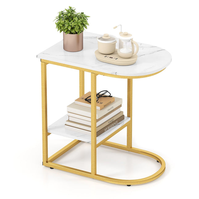Dreamade C Shaped End Table with Faux Marble Tabletop and Storage Shelf
