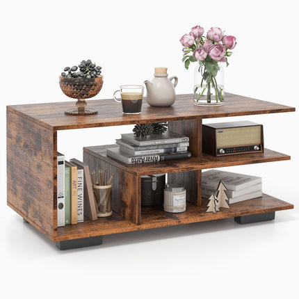 Dreamade Coffee Table with Storage, Modern Rectangular Accent Table with L-shaped Middle Shelf