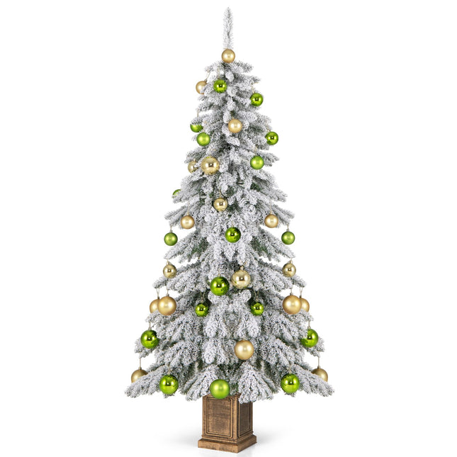 Dreamade 6ft Snow Flocked Christmas Tree for Entrances, Hinged Artificial Potted Xmas Tree with 48 Ball Ornaments