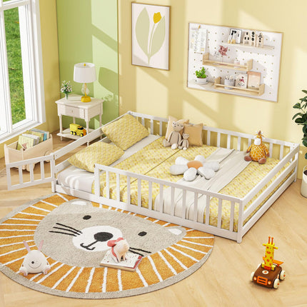 Dreamade Floor Bed with Door & Fence Kids Wood Montessori Beds with Safety Guardrails