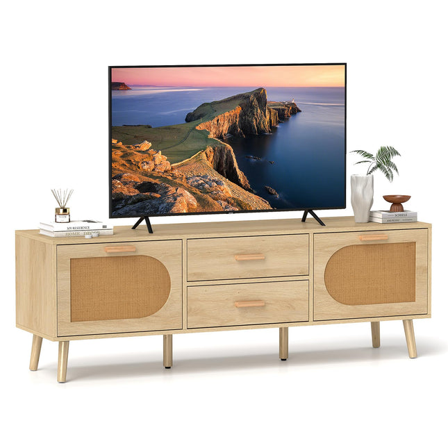 Dreamade Rattan TV Stand for TVs up to 65 Inch, 59" TV Console Cabinet with Drawers & Solid Wood Legs
