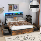 Dreamade Queen/Full/Twin Size LED Bed Frame with Charging Station, Metal Platform Bed with Upholstered Headboard & 4 Storage Drawers