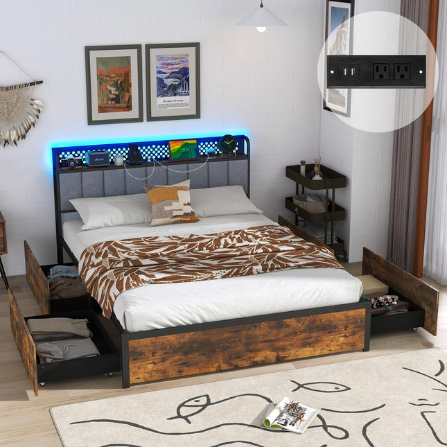 Dreamade Queen/Full/Twin Size LED Bed Frame with Charging Station, Metal Platform Bed with Upholstered Headboard & 4 Storage Drawers
