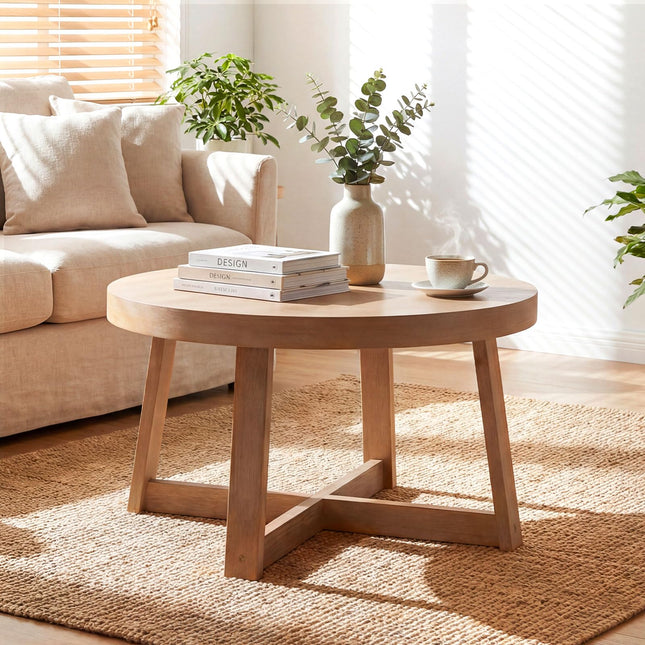 Dreamade 30" Wood Center Table with Thickened Tabletop & Cross-Shaped Pine Wood Frame