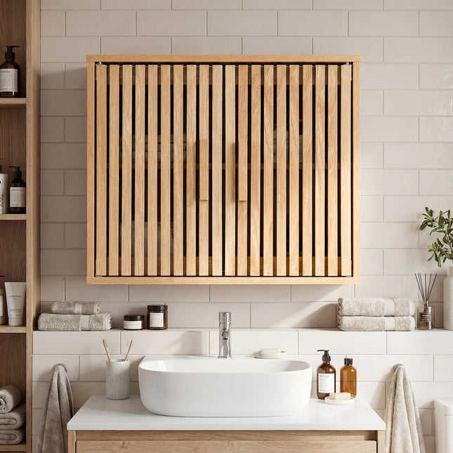 Dreamade Wall Mounted Wooden Medicine Cabinet with 2 Slatted Doors