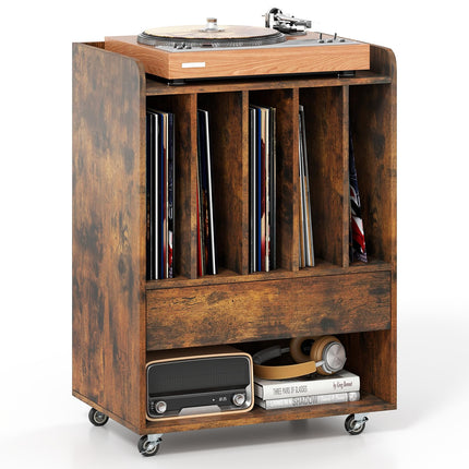 Dreamade Record Player Stand Rolling Turntable Stand with Drawer & Lockable Wheels