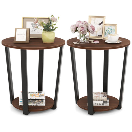 Dreamade Round End Table Set of 1/2, 2-Tier Side Sofa Table with Open Storage Shelf and Metal Frame