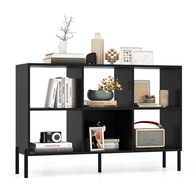 Dreamade 6 Cube Bookcase, 3-Tier 47" Long Wood Bookshelf w/ 5 Metal Legs, Adjustable Shelf, Anti-toppling Device