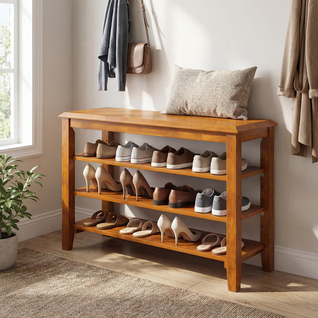 Dreamade 4-Tier Rubber Wood Shoe Rack Bench with Adjustable Shelves