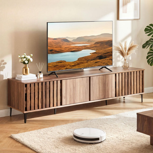 Dreamade 4-Door Slatted TV Stand for 80 Inches TVs for Living Room Bedroom