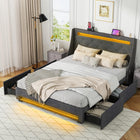 Dreamade Full Size Bed Frame with LED Lights & Charging Station, Upholstered Platform Bed with Wingback Headboard