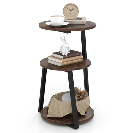 Dreamade Round End Table, Industrial Side Table with Sturdy Metal Frame, Coffee Table, 3-Tier Bedside Table for Bedroom, Living Room