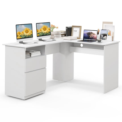 Dreamade L Shaped Computer Desk with Drawers, 59" Corner Desk Workstation with Storage Shelf & Cable Holes