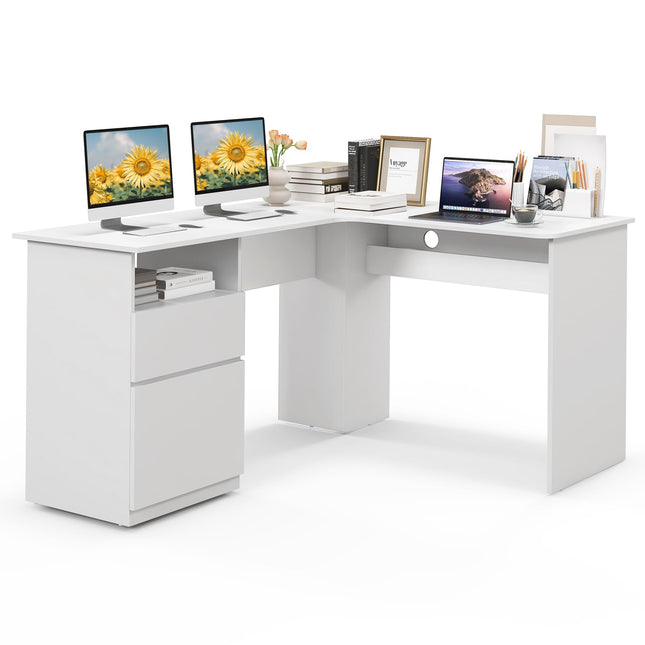 Dreamade L Shaped Computer Desk with Drawers, 59" Corner Desk Workstation with Storage Shelf & Cable Holes
