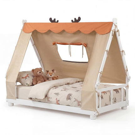 Dreamade Twin Size House Floor Wood Bed with Tent