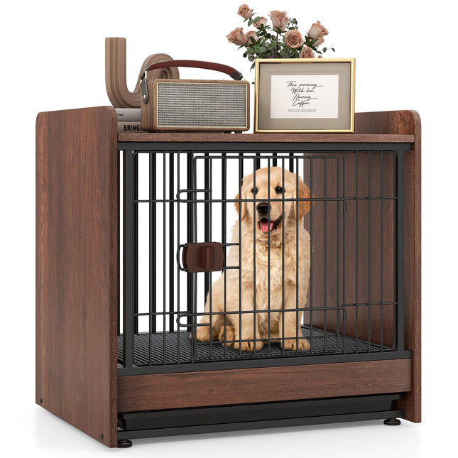 Dreamade Dog Crate End Table - Wooden Dog Kennel Furniture with Removable Pull-Out Tray