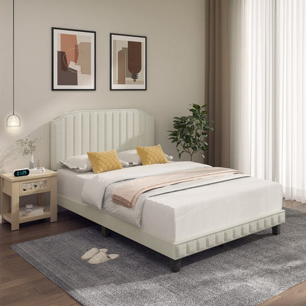 Dreamade Queen/Full/Twin Size Upholstered Bed Frame, Linen Platform Bed w/Rivet Headboard, Heavy Duty Mattress Foundation