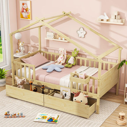 Dreamade Twin House Bed with Drawers, Wooden Twin Bed Frame with Cube Storage & Fence Rails