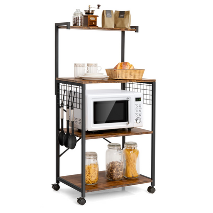 Dreamade Kitchen Baker Rack on Wheels, Industrial Utility Storage Shelf, with 3 Hooks (Rustic Brown)