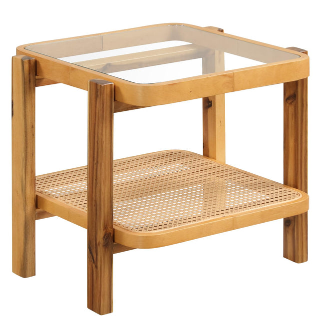 Dreamade Rattan Side Table, Boho End Table for Living Room, Narrow Bedside Table with Tempered Glass Top