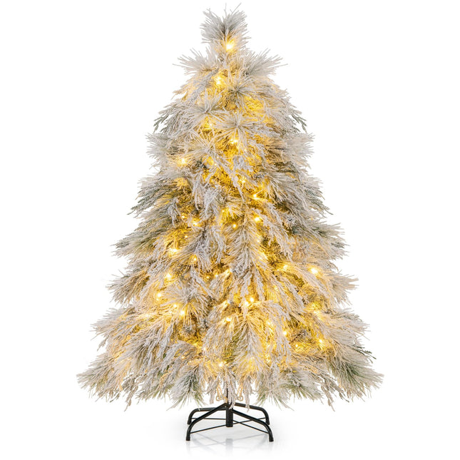 Dreamade 4.5ft Pre-Lit Snow Flocked Christmas Tree, Artificial Hinged Full Xmas Tree with 279 PVC & Pine Needles