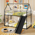 Dreamade Twin Over Twin Bunk Bed with Slide & Ladder House-Shaped Metal Bunk Bed Frame with Safety Guardrail & Roof