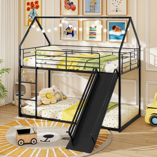 Dreamade Twin Over Twin Bunk Bed with Slide & Ladder House-Shaped Metal Bunk Bed Frame with Safety Guardrail & Roof