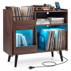 Dreamade Record Player Stand with LED Light and Power Outlets Large Turntable Stand with Sliding Door