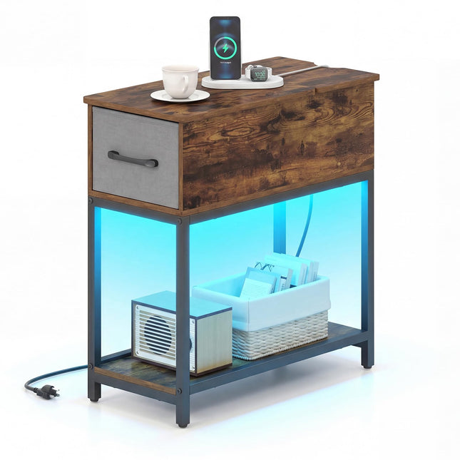Dreamade Narrow Side Table with Charging Station and LED Lights Industrial End Table