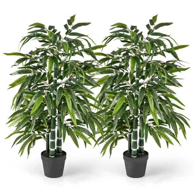 Dreamade Artificial Bamboo Tree, 50" Tall Set of 2 Fake Bamboo Plant with 3 PE Bamboo Trunk & Flush Leaves